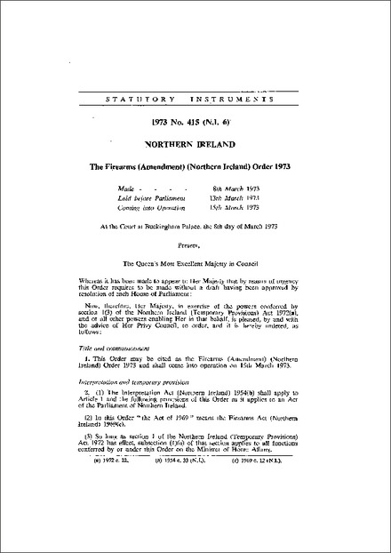 The Firearms (Amendment) (Northern Ireland) Order 1973