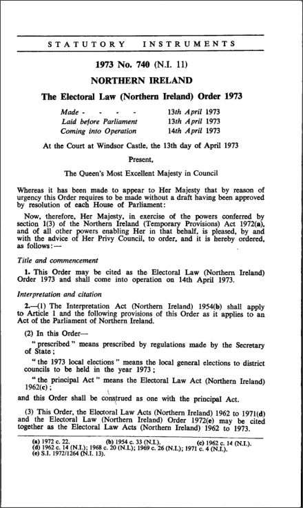 The Electoral Law (Northern Ireland) Order 1973