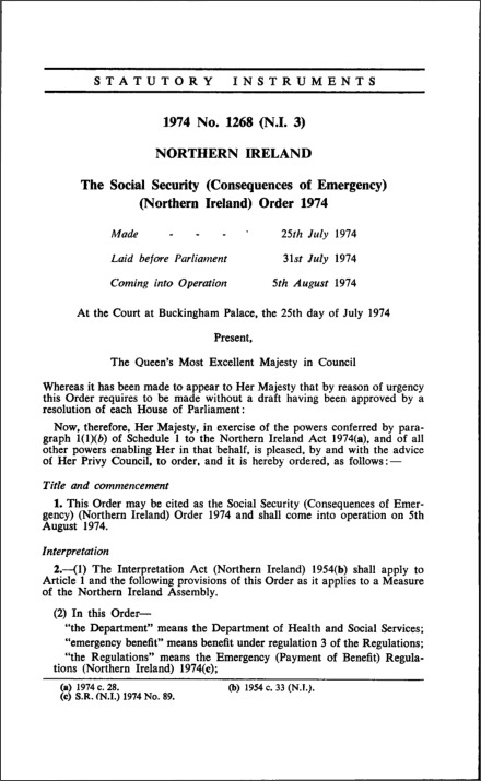 The Social Security (Consequences of Emergency) (Northern Ireland) Order 1974