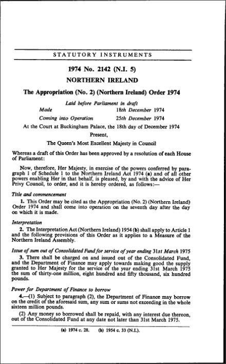 The Appropriation (No. 2) (Northern Ireland) Order 1974
