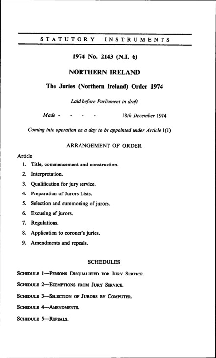 The Juries (Northern Ireland) Order 1974