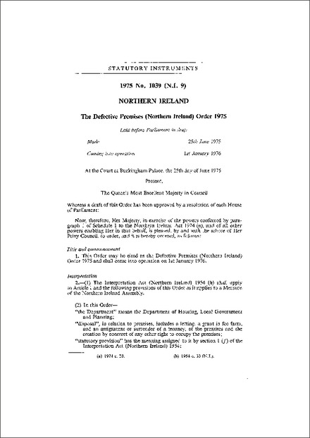 The Defective Premises (Northern Ireland) Order 1975