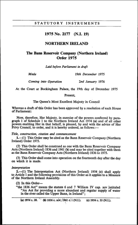 The Bann Reservoir Company (Northern Ireland) Order 1975