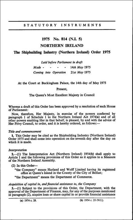 The Shipbuilding Industry (Northern Ireland) Order 1975