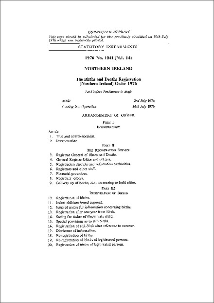 The Births and Deaths Registration (Northern Ireland) Order 1976