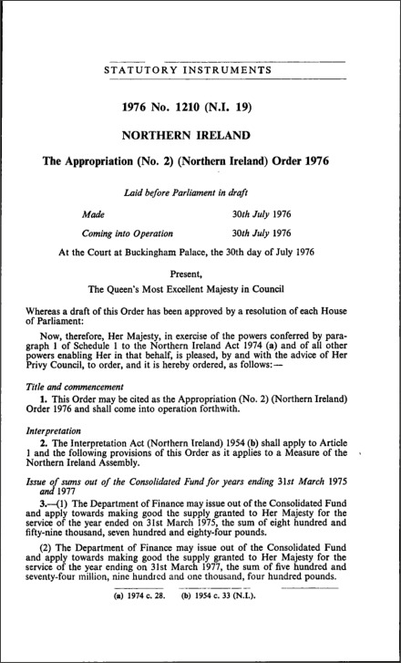 The Appropriation (No. 2) (Northern Ireland) Order 1976