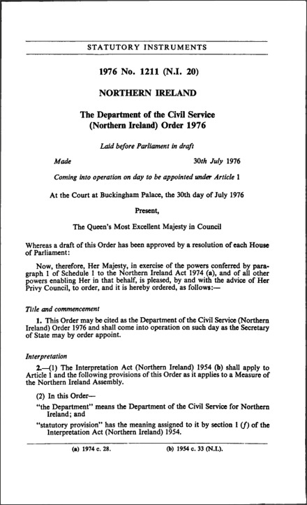 The Department of The Civil Service (Northern Ireland) Order 1976