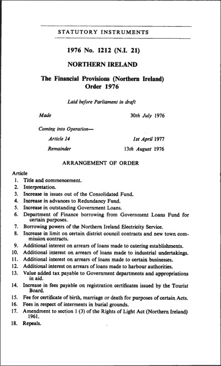 The Financial Provisions (Northern Ireland) Order 1976
