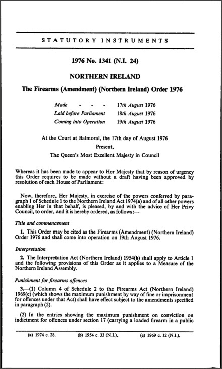 The Firearms (Amendment) (Northern Ireland) Order 1976