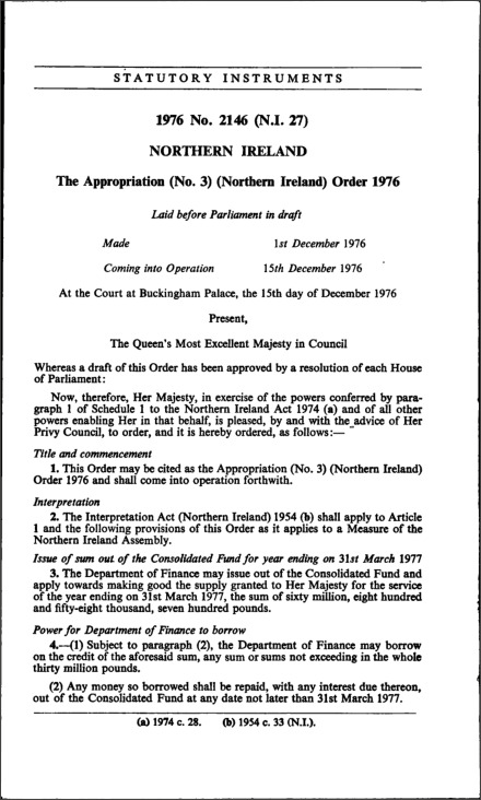 The Appropriation (No. 3) (Northern Ireland) Order 1976
