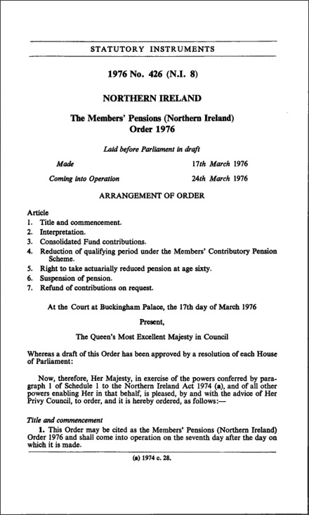 The Members' Pensions (Northern Ireland) Order 1976