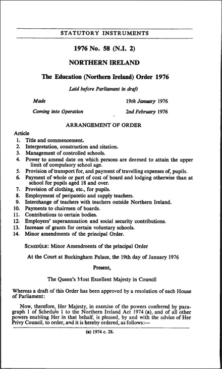 The Education (Northern Ireland) Order 1976