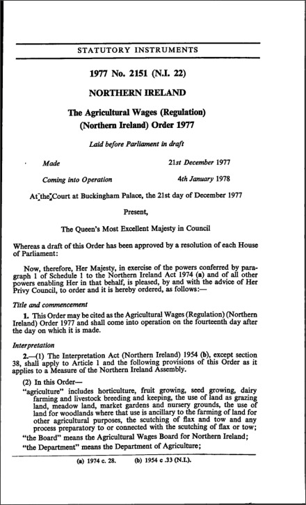 The Agricultural Wages (Regulation) (Northern Ireland) Order 1977