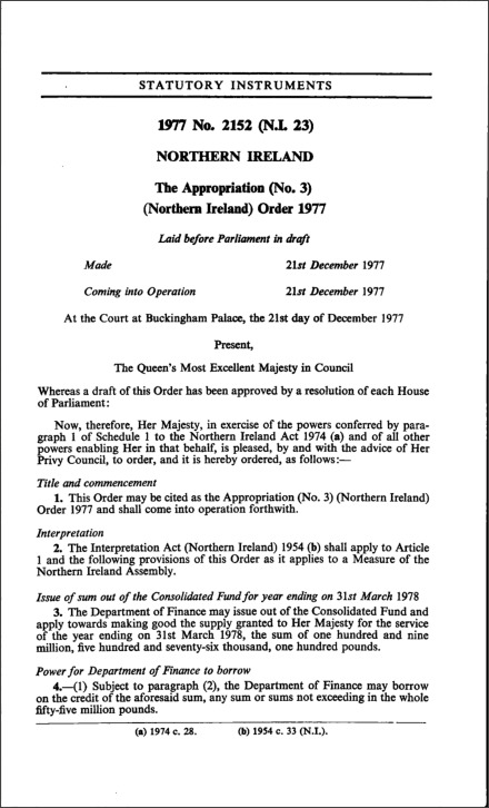 The Appropriation (No. 3) (Northern Ireland) Order 1977