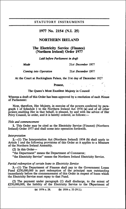 The Electricity Service (Finance) (Northern Ireland) Order 1977