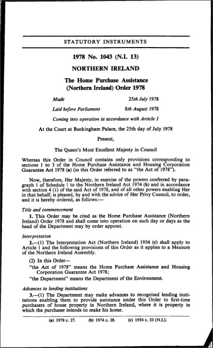 The Home Purchase Assistance (Northern Ireland) Order 1978