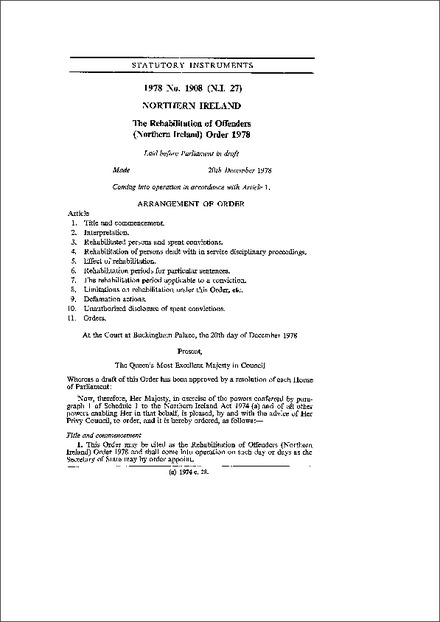 The Rehabilitation of Offenders (Northern Ireland) Order 1978