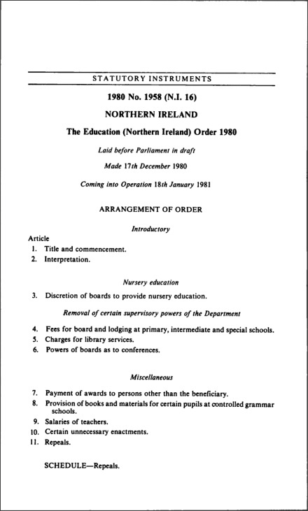 The Education (Northern Ireland) Order 1980