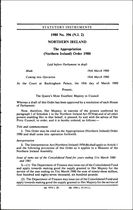 The Appropriation (Northern Ireland) Order 1980
