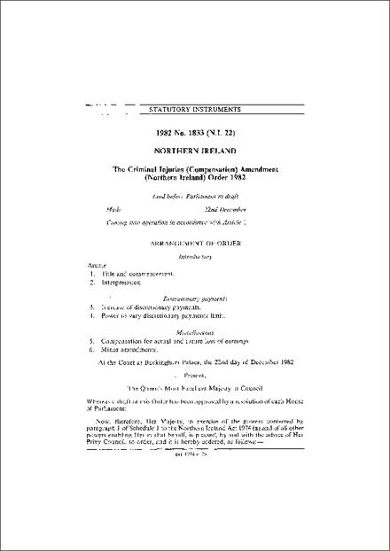 The Criminal Injuries (Compensation) Amendment (Northern Ireland) Order 1982