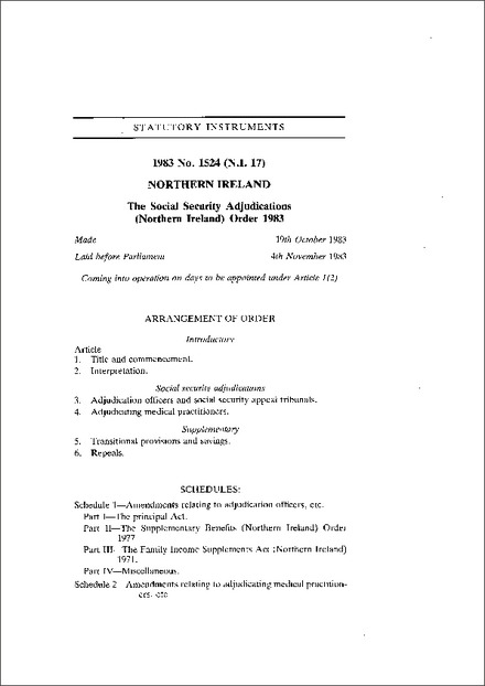 The Social Security Adjudications (Northern Ireland) Order 1983