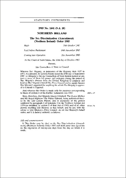 The Sex Discrimination (Amendment) (Northern Ireland) Order 1985