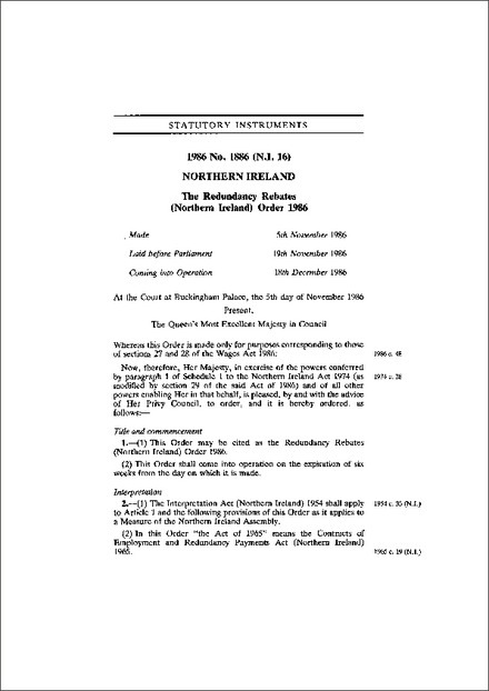 The Redundancy Rebates (Northern Ireland) Order 1986