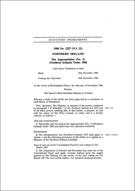 Appropriation (No. 3) (Northern Ireland) Order 1986
