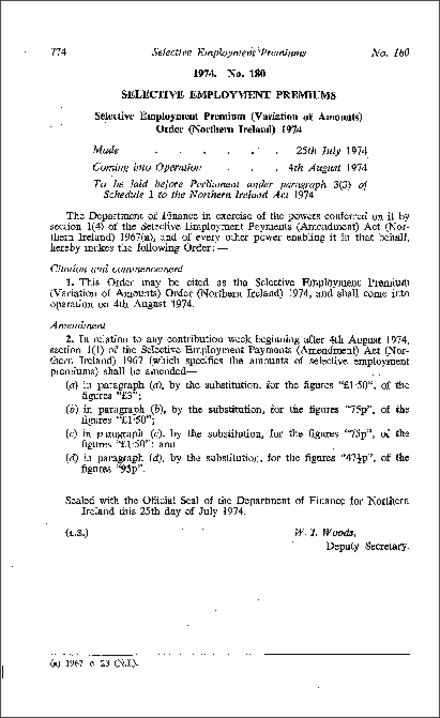 The Selective Employment Premium (Variation of Amounts) Order (Northern Ireland) 1974