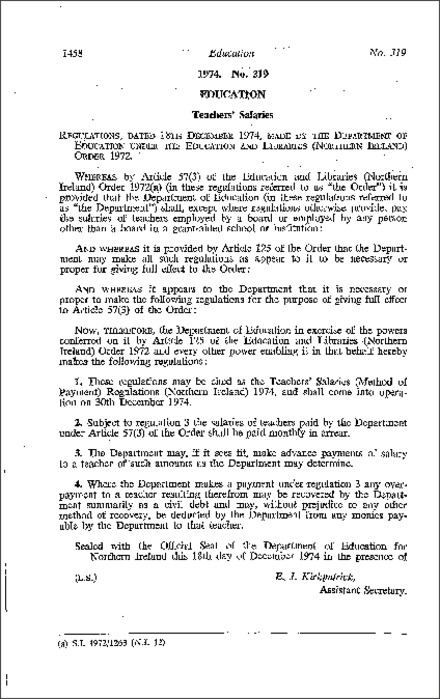 The Teachers' Salaries (Method of Payment) Regulations (Northern Ireland) 1974