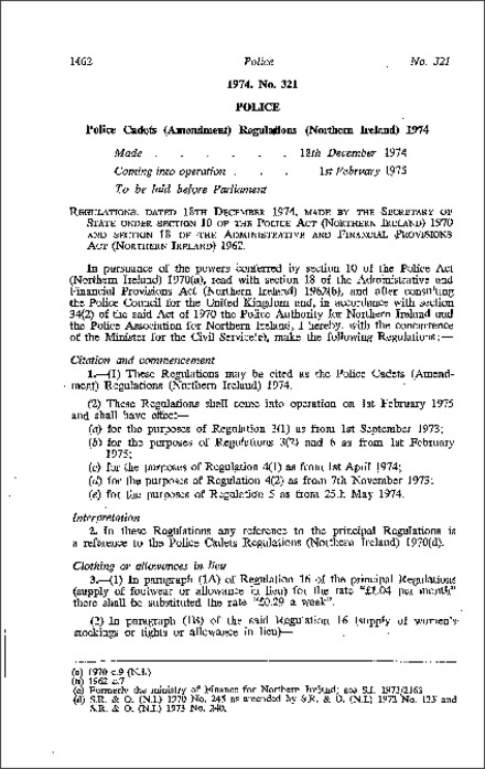 The Police Cadets (Amendment) Regulations (Northern Ireland) 1974