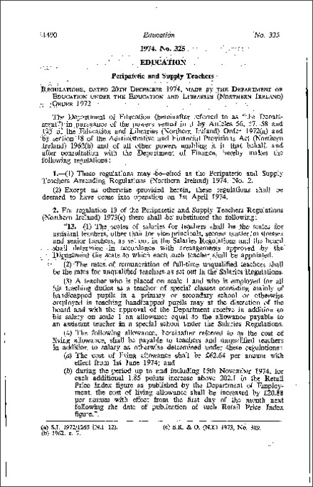 The Peripatetic and Supply Teachers Amendment Regulations (Northern Ireland) 1974