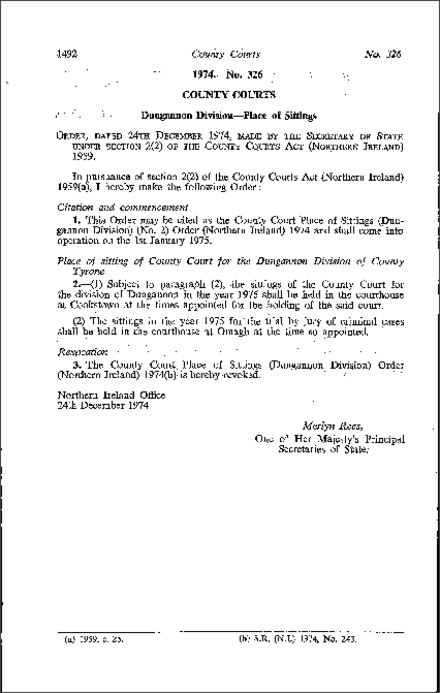 The County Court Place of Sittings (Dungannon Division) (No. 2) Order (Northern Ireland) 1974