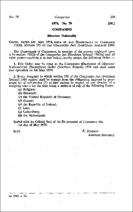 The Companies (Disclosure of Directors' Nationalities) (Exemption) Order (Northern Ireland) 1974