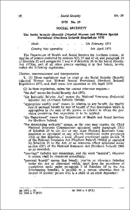 The Social Security (Benefit) (Married Women and Widows Special Provisions) Regulations (Northern Ireland) 1975