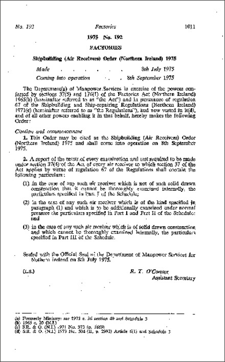 The Shipbuilding (Air Receivers) Order (Northern Ireland) 1975