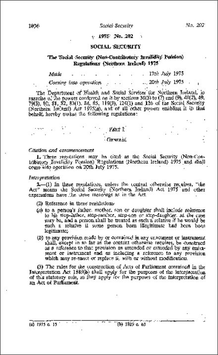 The Social Security (Non-Contributory Invalidity Pension) Regulations (Northern Ireland) 1975