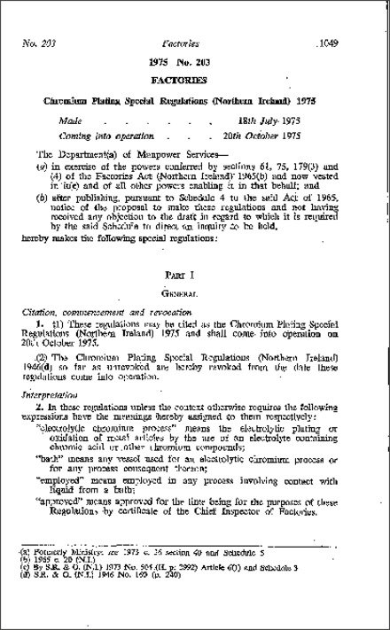 The Chromium Plating Special Regulations (Northern Ireland) 1975