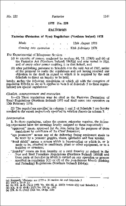 The Factories (Protection of Eyes) Regulations (Northern Ireland) 1975