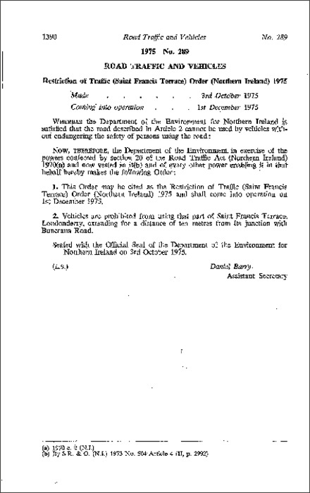 The Restriction of Traffic (Saint Francis Terrace) Order (NI) 1975
