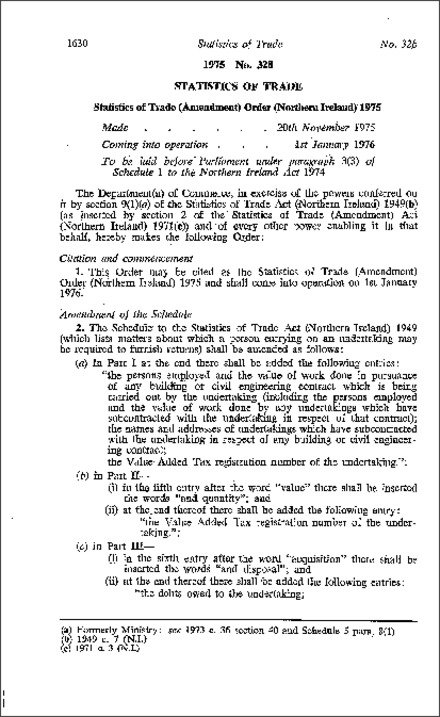 The Statistics of Trade (Amendment) Order (Northern Ireland) 1975
