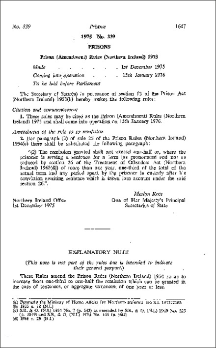 The Prison (Amendment) Rules (Northern Ireland) 1975