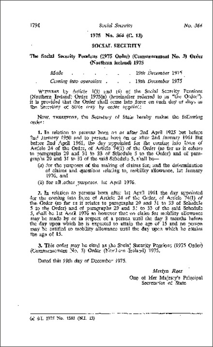 The Social Security Pensions (1975 Order) (Commencement No. 3) Order (Northern Ireland) 1975