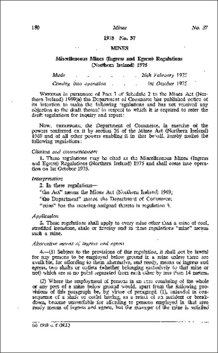 The Miscellaneous Mines (Ingress and Egress) Regulations (Northern Ireland) 1975
