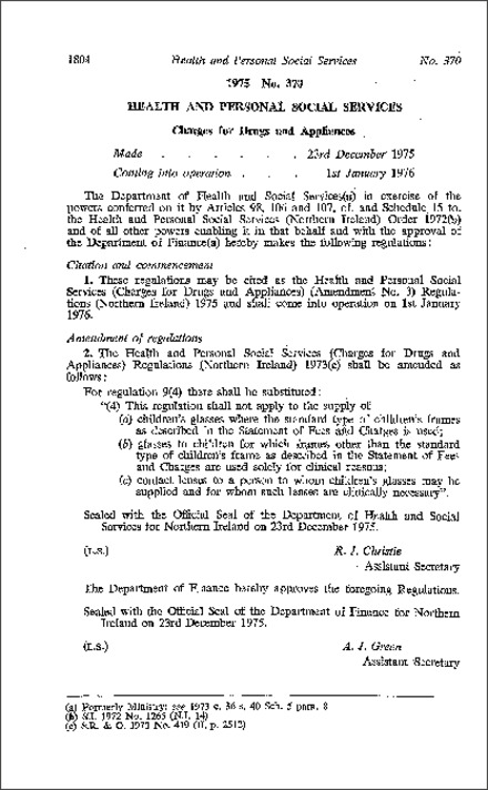 The Health and Personal Social Services (Changes for Drugs and Appliances) (Amendment) (No. 3) Regulations (Northern Ireland) 1975