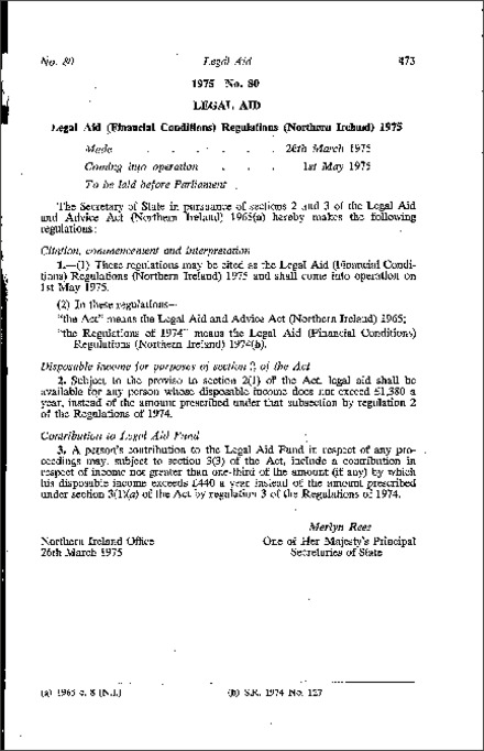 The Legal Aid (Financial Conditions) Regulations (Northern Ireland) 1975