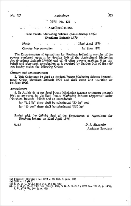 The Seed Potato Marketing Scheme (Amendment) Order (Northern Ireland) 1976