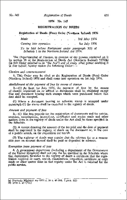 The Registration of Deeds (Fees) Order (Northern Ireland) 1976