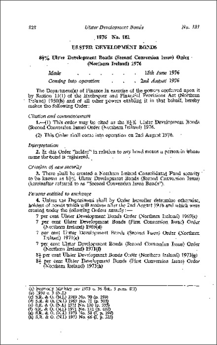 The 81/2% Ulster Development Bonds (Second Conversion Issue) Order (Northern Ireland) 1976