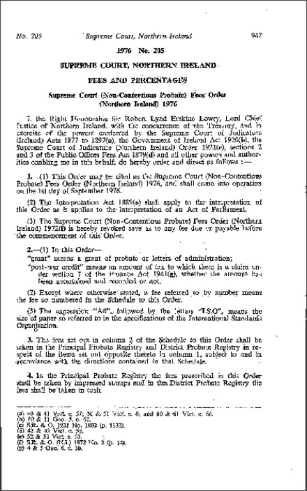 The Supreme Court (Non-Contentious Probate) Fees Order (Northern Ireland) 1976